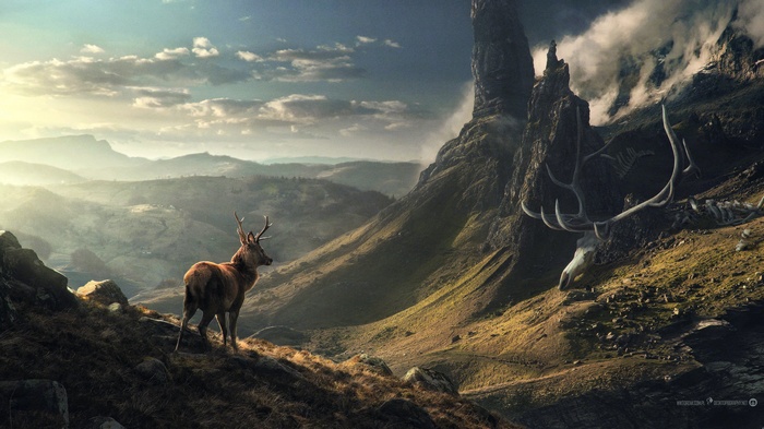 Deer and giant deer skeleton in a mountainous landscape