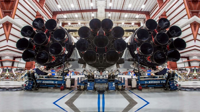 Falcon Heavy rocket boosters in hangar