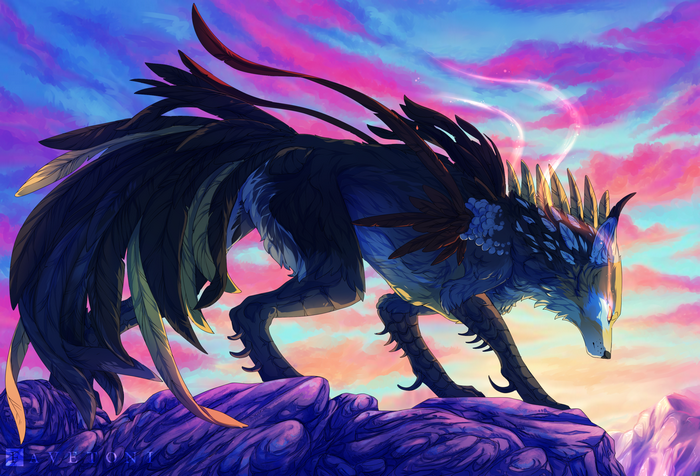 Hybrid animal with feathered wings on rocky terrain at sunset