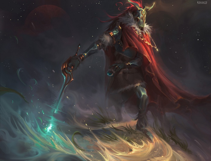 Warrior with red cape and glowing sword