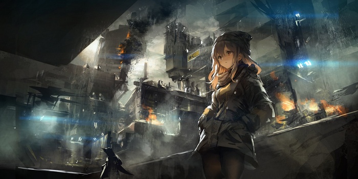 Anime girl in a destroyed city with fires