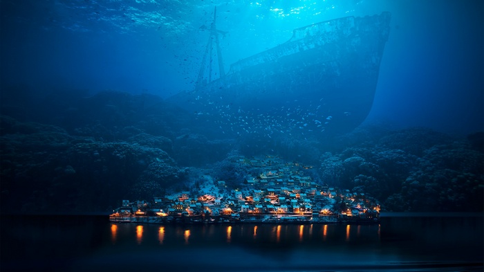 Underwater shipwreck town with fish and light reflections