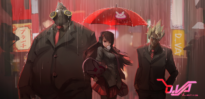 D.Va, Roadhog, and Junkrat from Overwatch in the rain