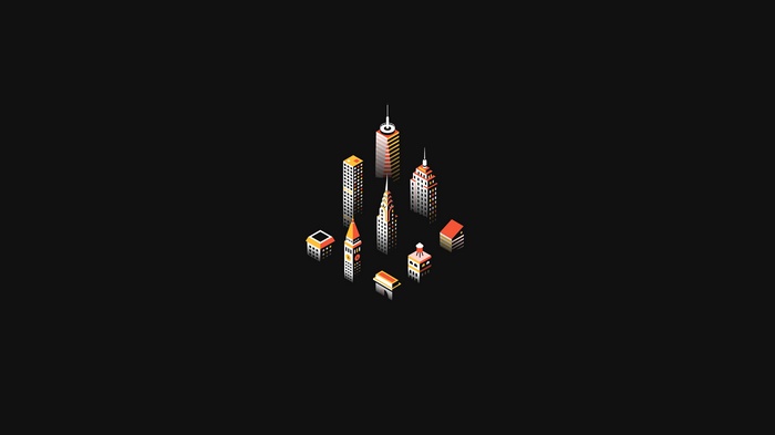 Isometric illustration of various buildings on a black background