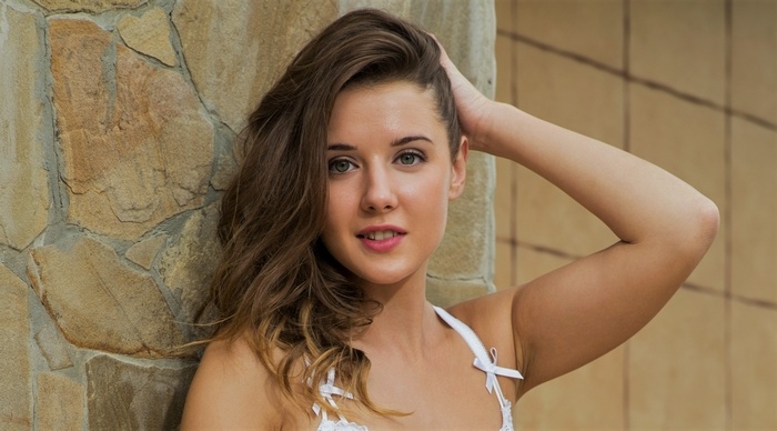 green eyes, brunette, Sybil A, white clothing, looking at viewer, women, open mouth, bare shoulders, hands on head, model