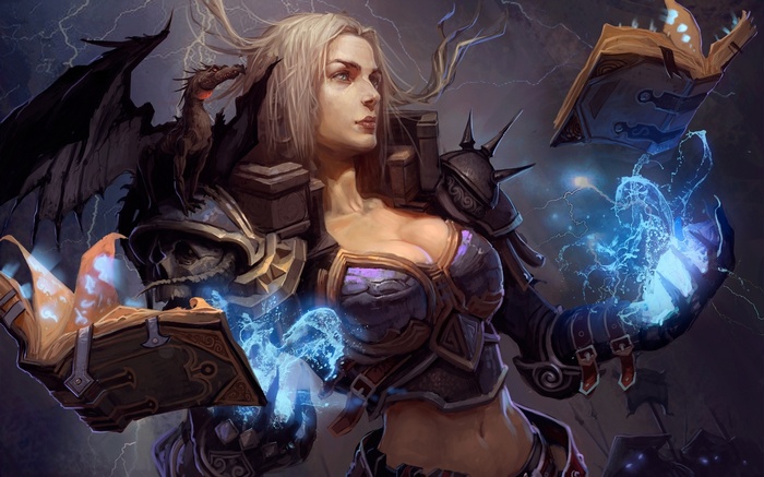 Sorceress with dragon and magic books