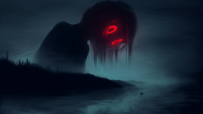 Giant with red eyes over a misty landscape