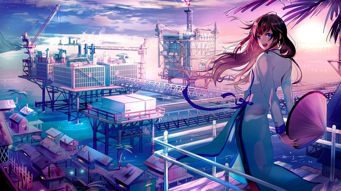 Anime girl with ribbon on industrial oil rig at sunset