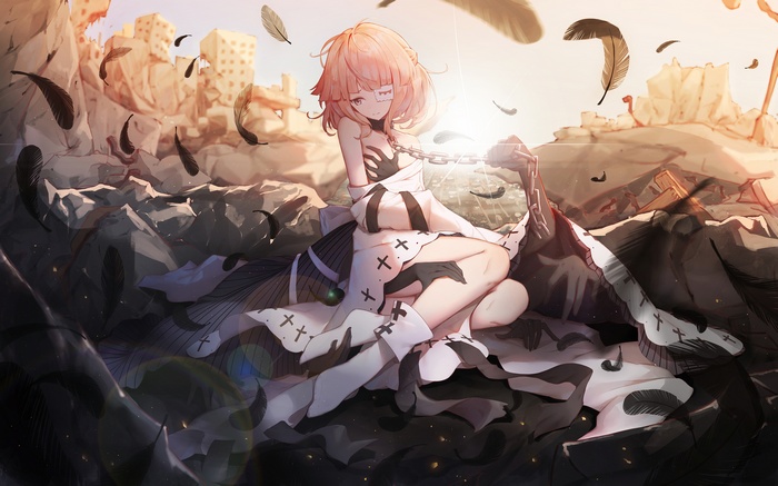 Anime girl with pink hair in a ruined city