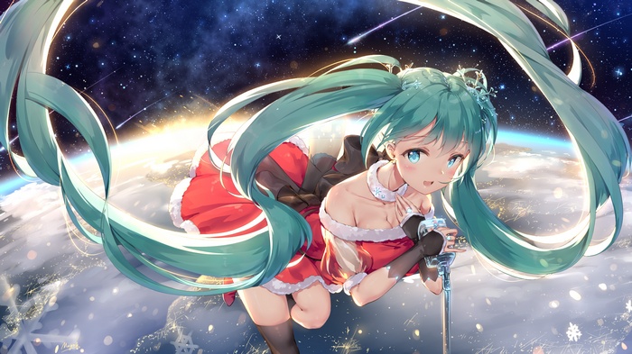 Hatsune Miku in a Santa Outfit in Space