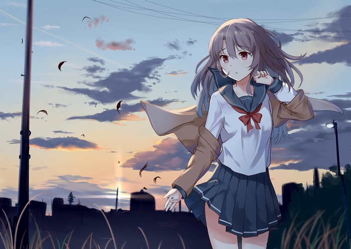 Anime girl in school uniform at sunset