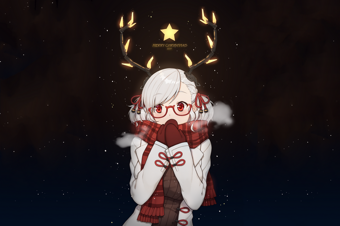 Anime girl with reindeer antlers and Christmas decorations