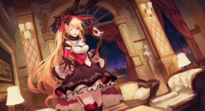 Anime girl with blonde hair holding a mask