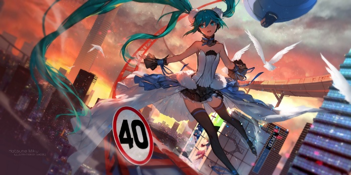 Hatsune Miku from Vocaloid flying over a city