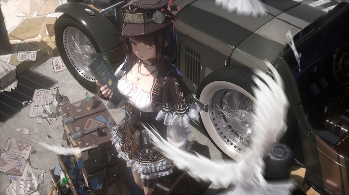 Anime girl with book and vintage car