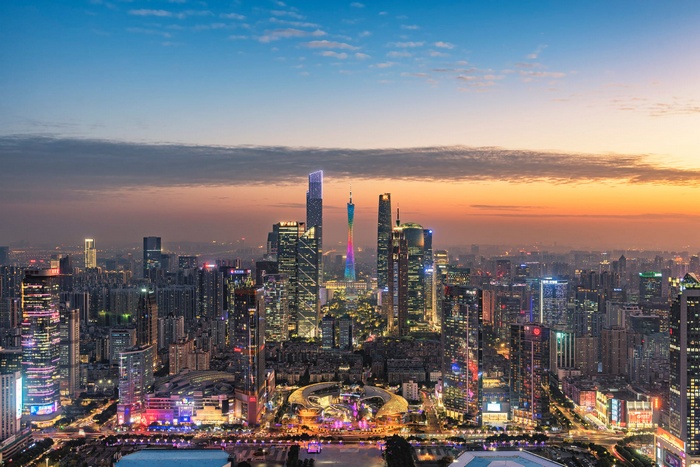Guangzhou skyline with Canton Tower at sunset