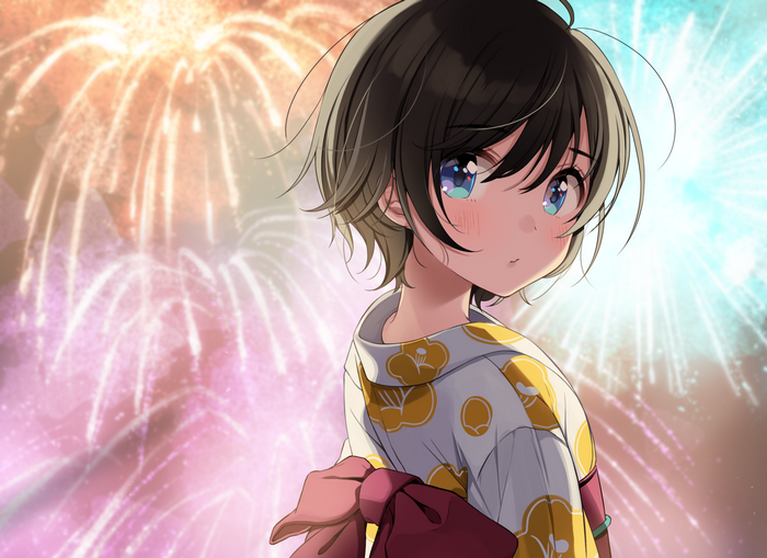 Girl in Yukata with Fireworks