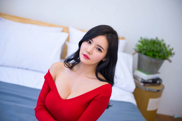 Han Ga Eun in red V-neck dress in bedroom