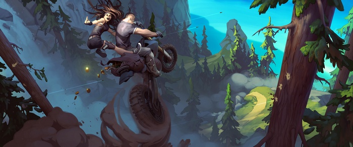 Man and woman on a dirt bike jumping in a forest