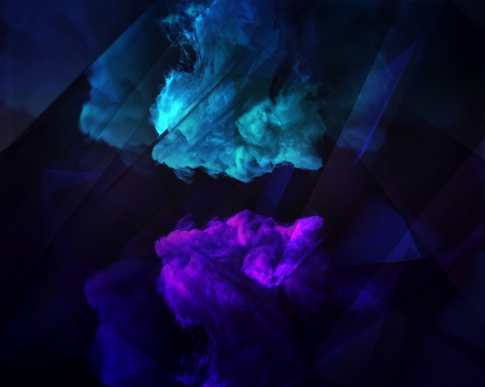 Abstract blue and purple smoke with geometric shapes