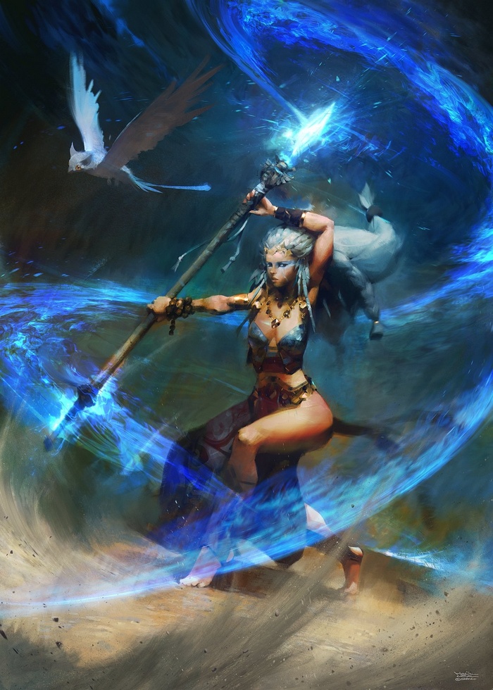 Woman with white hair wielding a magic staff