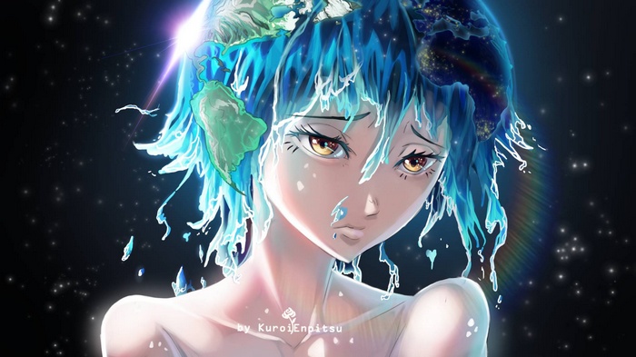 Anime girl representing Earth with continents on her hair