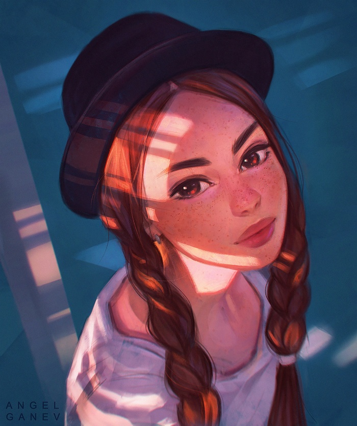 Redhead girl with freckles wearing a hat