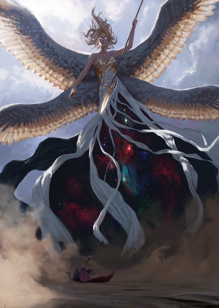 Angel with galaxy dress and spear over a warrior