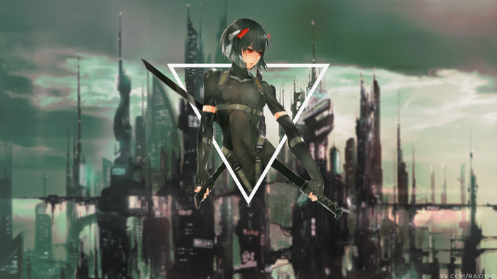Anime girl with swords in futuristic city