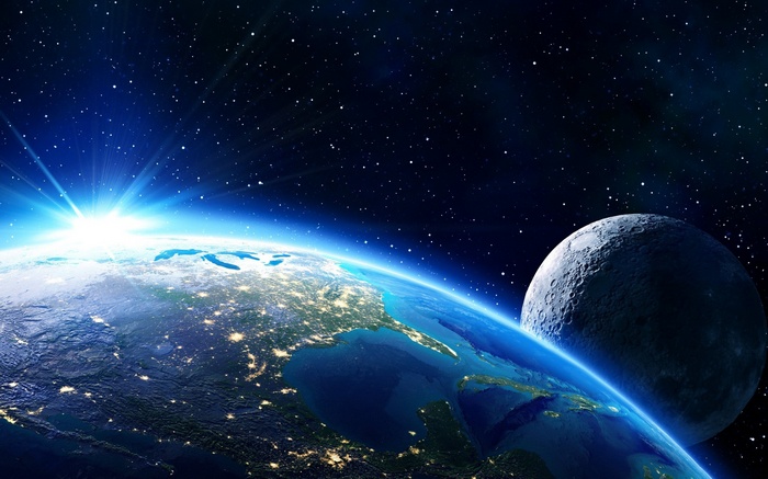 Earth and Moon in Space with Sunrise