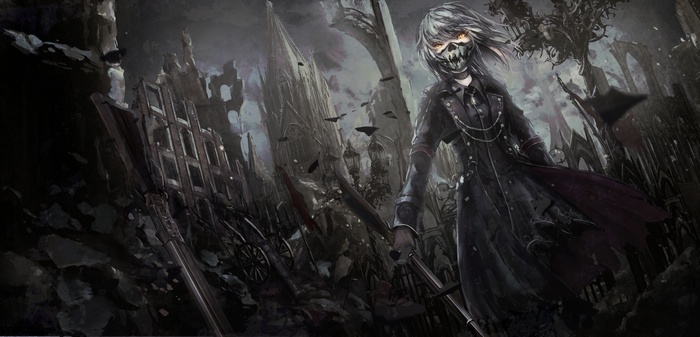 Anime girl with mask and sword in ruined city