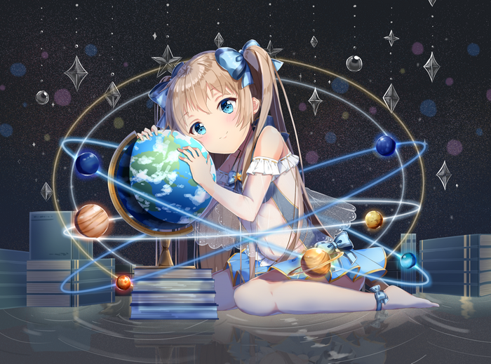 Anime girl with globe and planets in space