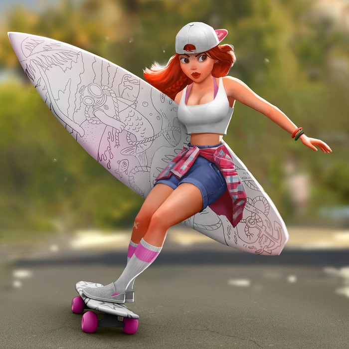 Redhead surfer girl on a skateboard with a surfboard