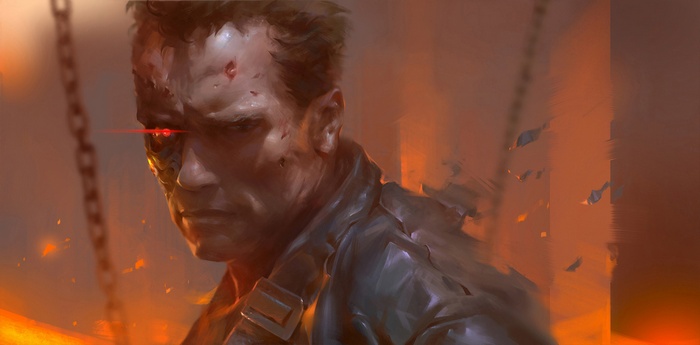 Arnold Schwarzenegger, fire, drawing, Terminator 2, chains, T-800, cyborg