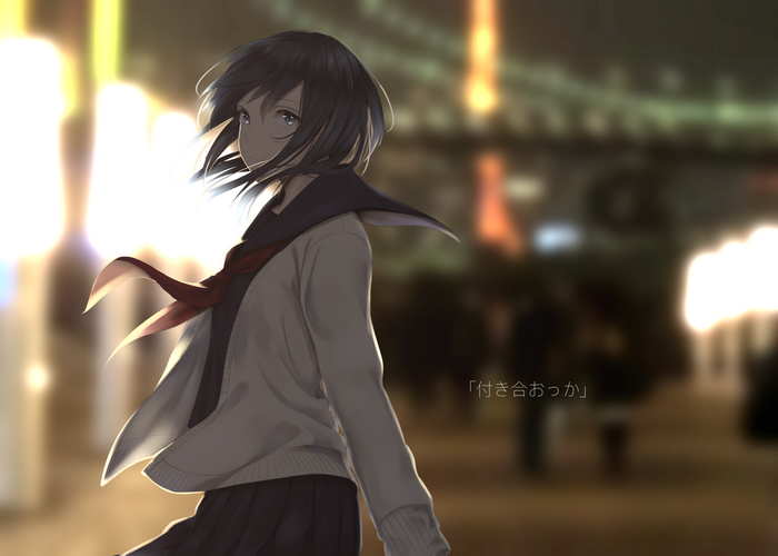 Anime girl in school uniform at night