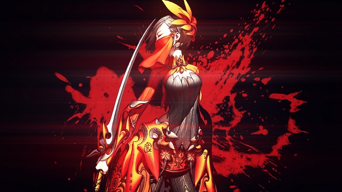 Female warrior with sword and red blood splatters