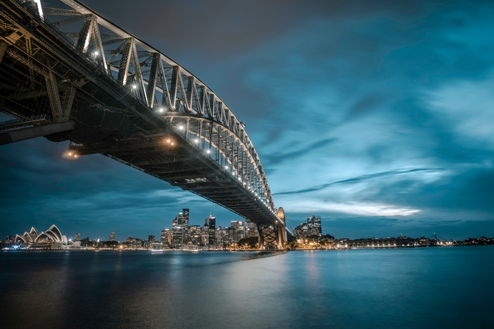 Sydney Harbour, Sydney, city lights, water, clouds, city, bridge, Sydney Harbour Bridge