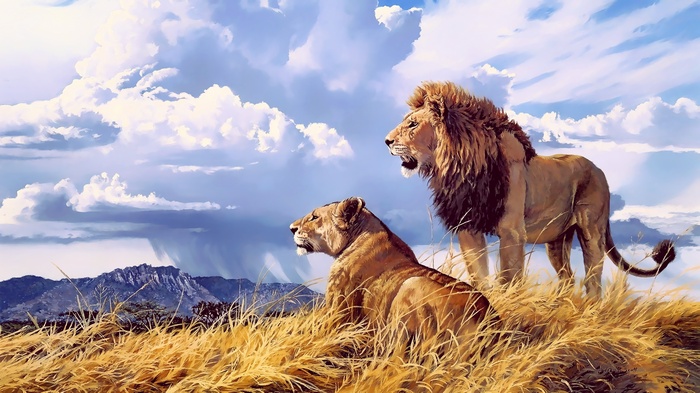 Lion and lioness on a grassy hill with mountains and clouds