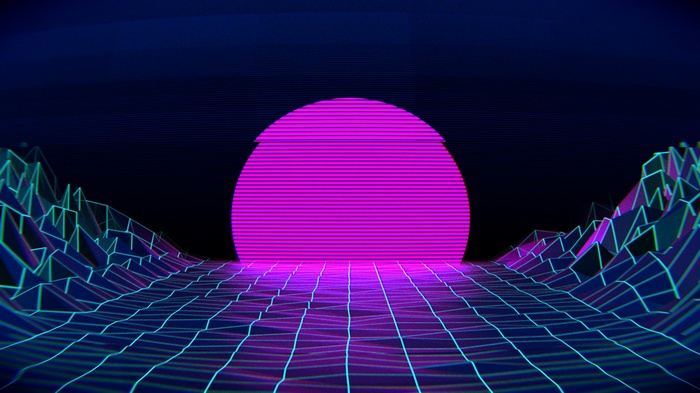 Retro grid landscape with neon sun