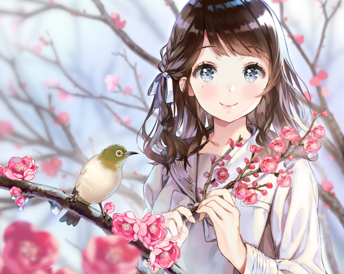 Anime girl with brown hair and blue eyes holding plum blossoms with a bird