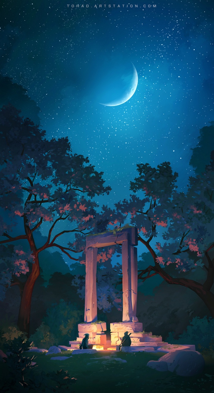 Two figures by a campfire near ancient ruins under a crescent moon