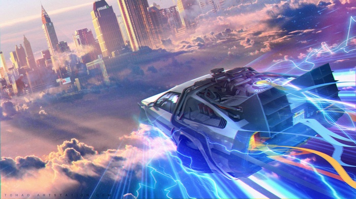 The Time Machine, cityscape, science fiction, Back to the Future, DMC DeLorean, artwork, flying