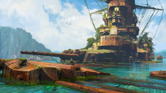Overgrown Battleship Wreckage in Tropical Sea