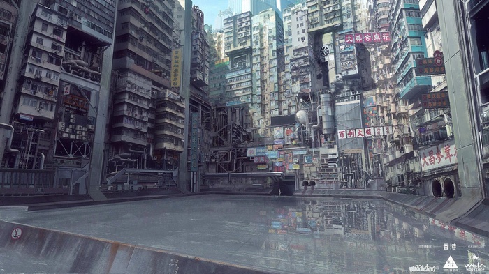 Cyberpunk city with dense apartments and water
