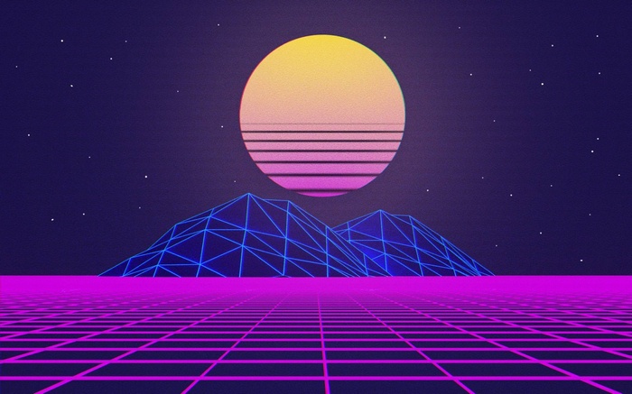 Retro grid landscape with neon mountains and sun