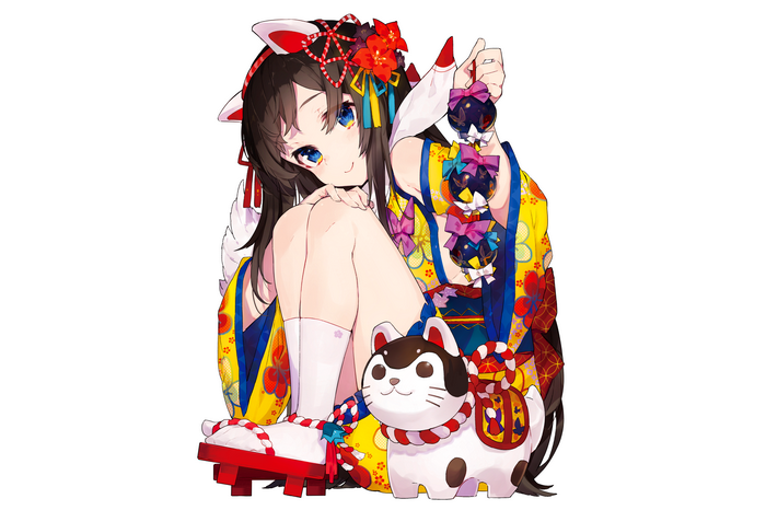 Anime girl with fox ears and kimono holding charms