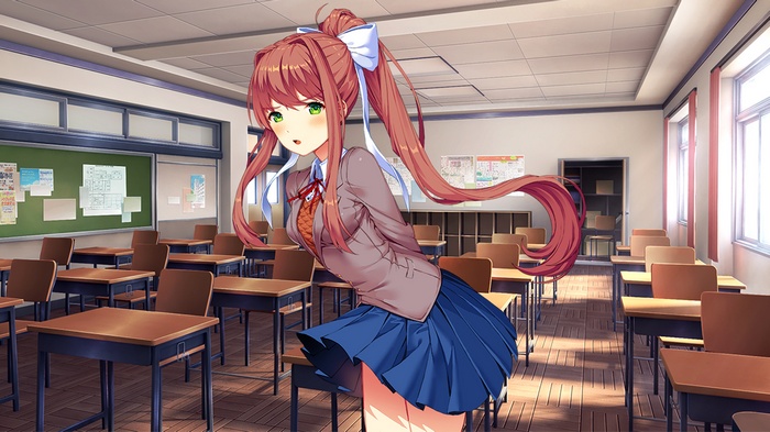 Monika from Doki Doki Literature Club in a classroom