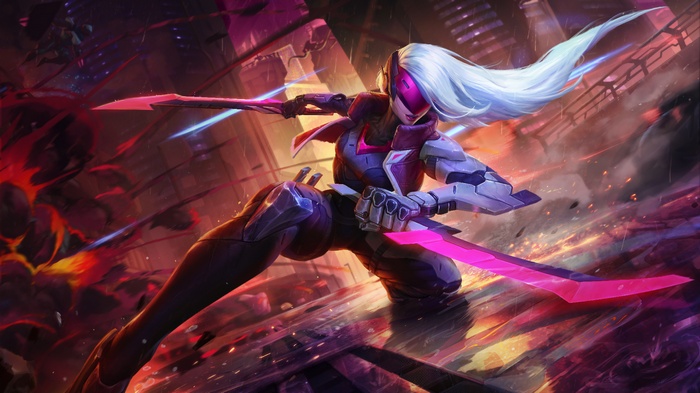 Katarina from League of Legends with pink swords