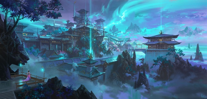 Fantasy temple complex in misty mountains with aurora