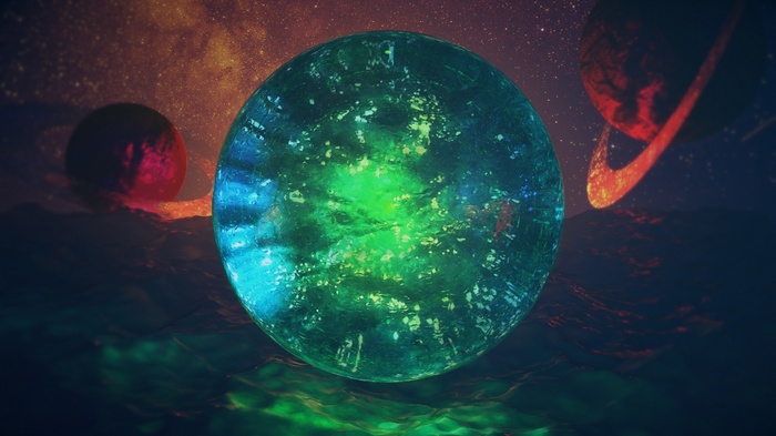 Abstract glowing sphere in a cosmic landscape